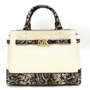 Michael Kors Large Reed Leather Belted Satchel Crossbody Bag Cream Snakeskin